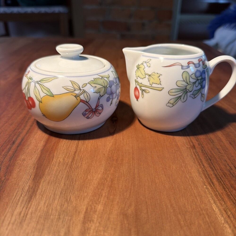 Exceptionally Rare Vintage Pillivuyt Fruit And Ribbon Theme Creamer And Sugar